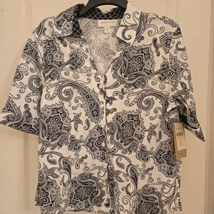 NTW Women's Coldwater Creek Black & White Paisley Button-Down Blouse No Iron PL